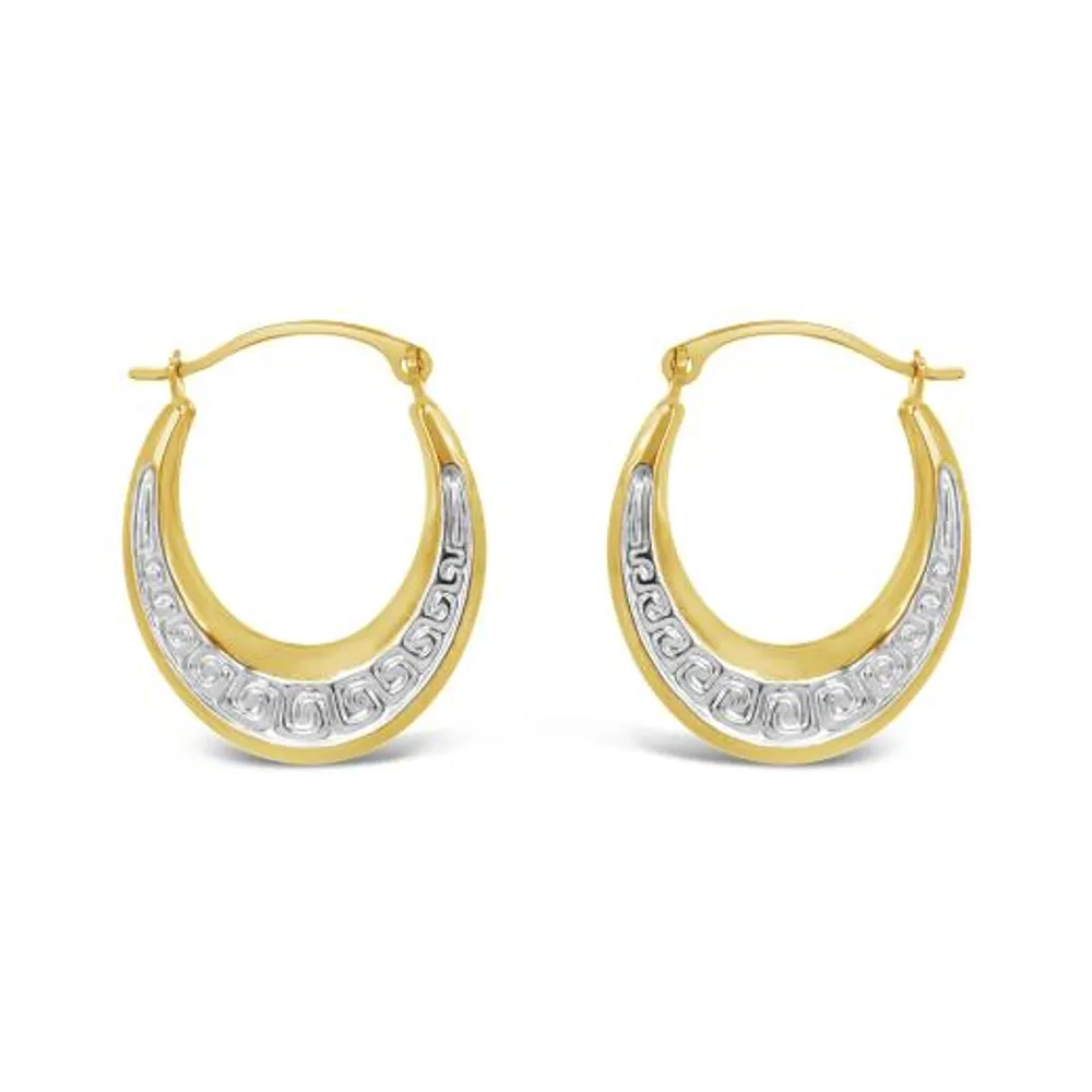 10K Yellow and White Gold Patterned Oval Creole Earrings