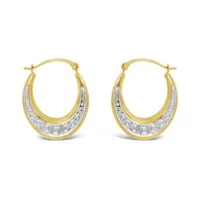 10K Yellow and White Gold Patterned Oval Creole Earrings