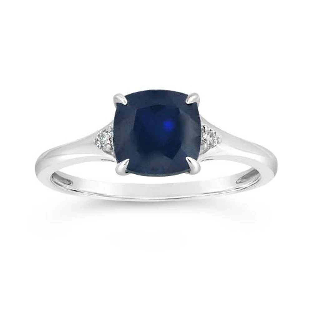 10K White Gold Created Blue Sapphire & Diamond Ring