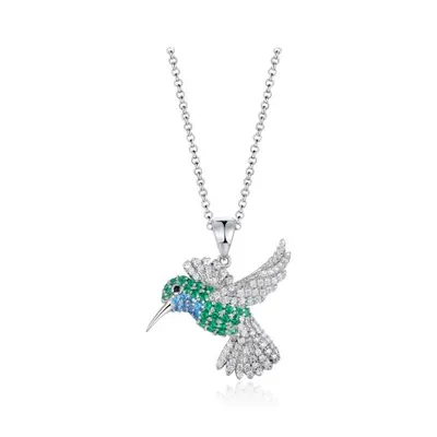 Sterling Silver Blue, Green & White Cubic Zirconia 19" Hummingbird Necklace