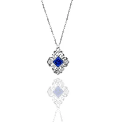 Sterling Silver Created Blue Sapphire & Diamond Pendant with Chain