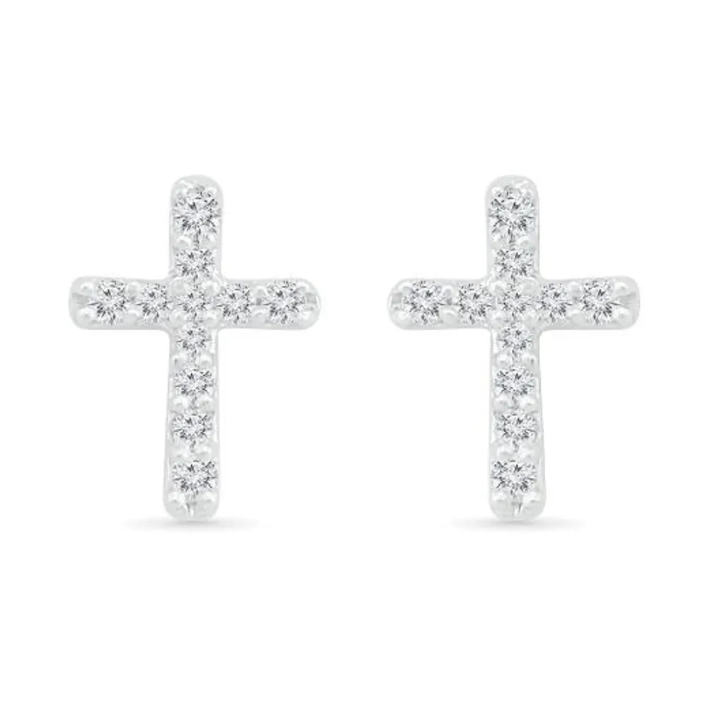 10K White Gold 0.10CTW Diamond Cross Earrings