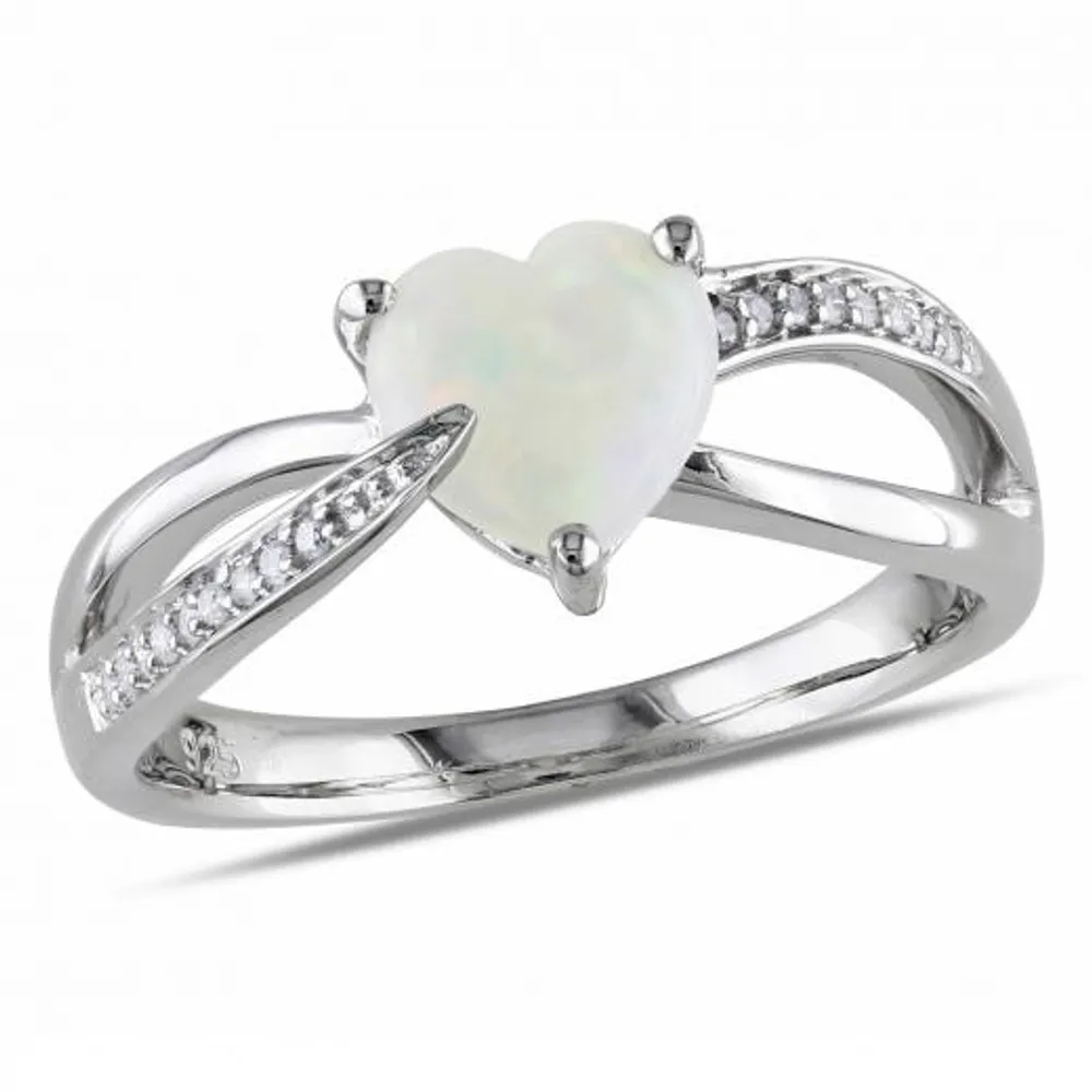 Julianna B Sterling Silver Opal and Diamond Heart Crossover Ring