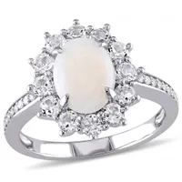 Julianna B Sterling Silver Opal and 0.10CTW Diamond and White Topaz Halo Ring