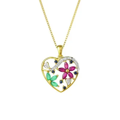 10K Yellow Gold Ruby, Emerald, Sapphire, & Diamond Necklace