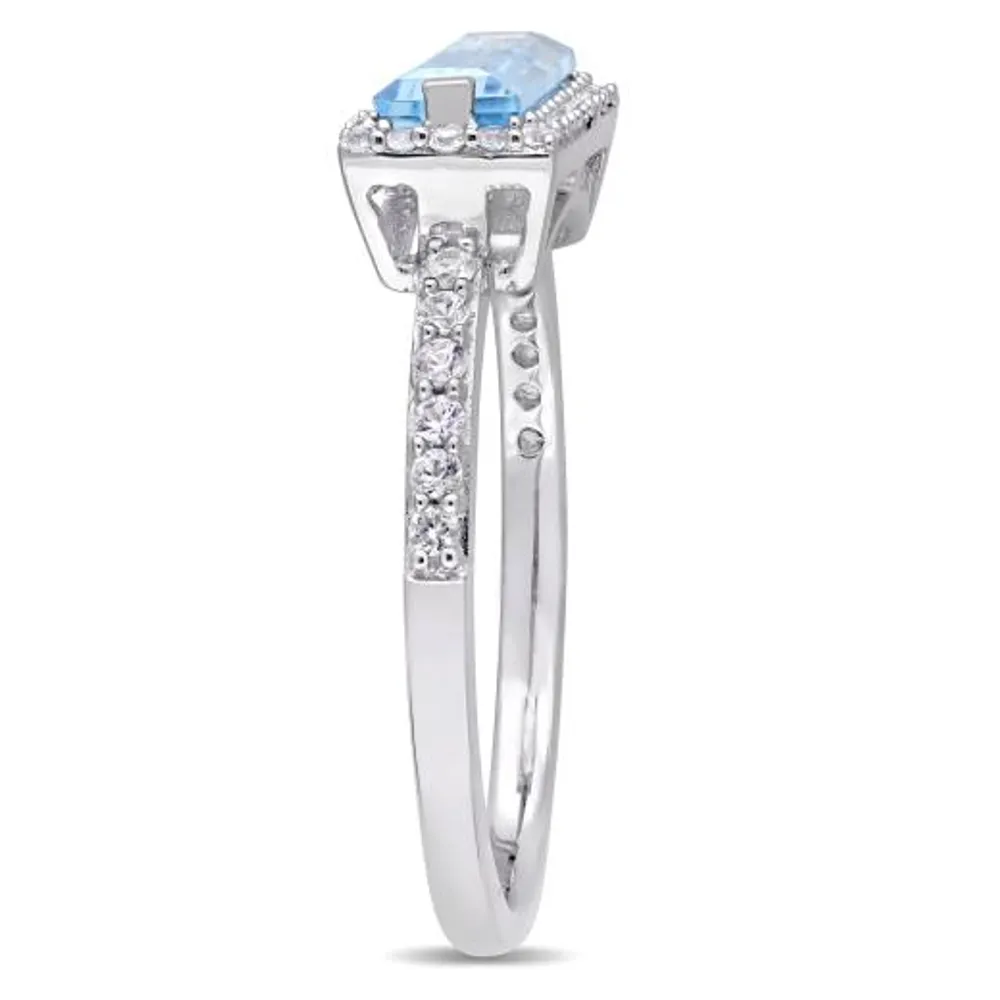 Julianna B Sterling Silver Baguette-Cut Blue Topaz and White Sapphire Halo Ring