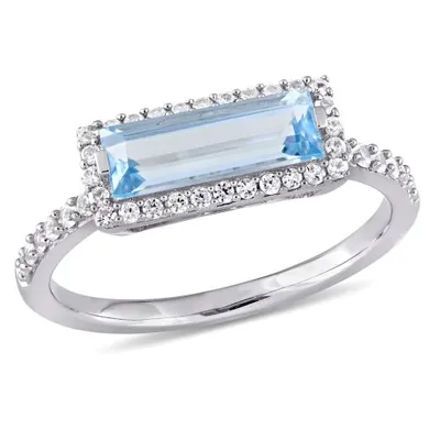 Julianna B Sterling Silver Baguette-Cut Blue Topaz and White Sapphire Halo Ring