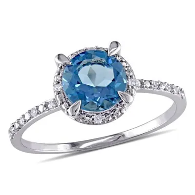 Julianna B 10K White Gold London-Blue Topaz Halo Ring with Diamonds