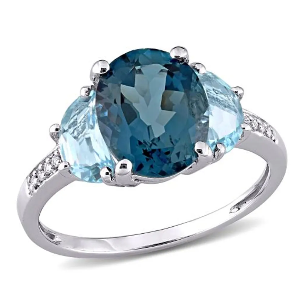 Julianna B Sterling Silver London and Sky Blue Topaz Diamond Three-Stone Ring