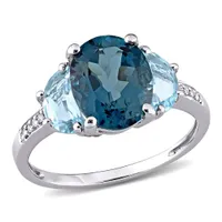 Julianna B Sterling Silver London and Sky Blue Topaz Diamond Three-Stone Ring