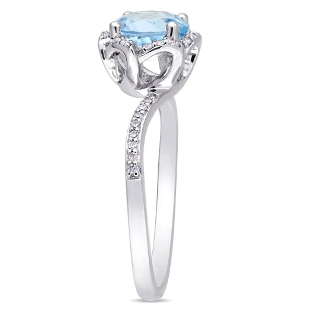 Julianna B 14K White Gold Blue Topaz and 0.10CTW Diamond Floral Halo Ring