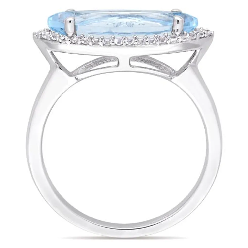 Julianna B Sterling Silver Marquise Shape Blue Topaz and White Topaz Halo Ring