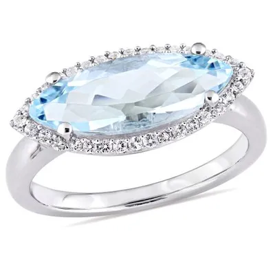 Julianna B Sterling Silver Marquise Shape Blue Topaz and White Topaz Halo Ring