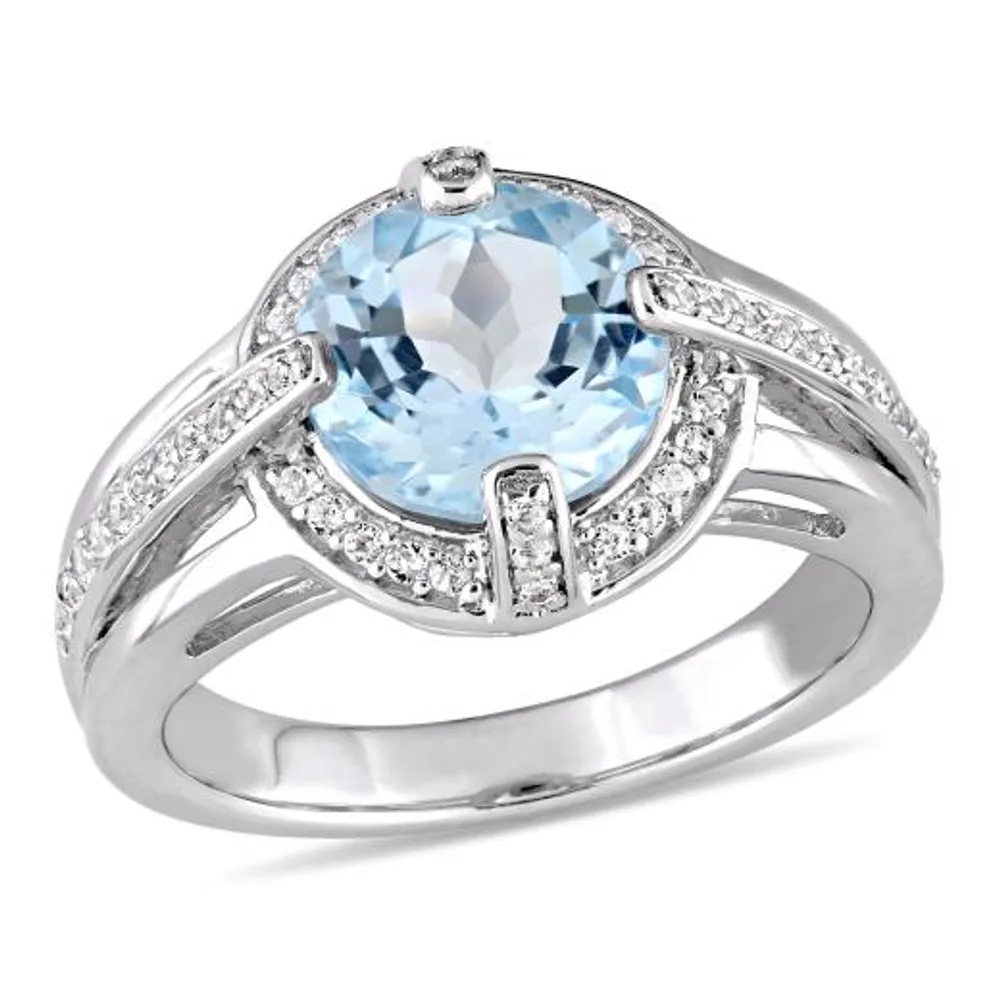 Julianna B Sterling Silver Blue and White Topaz Halo Split Shank Ring