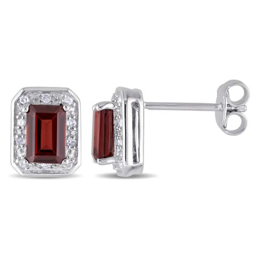 Julianna B Sterling Silver Garnet and 0.10CTW Diamond Halo Stud Earrings