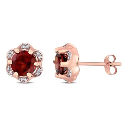 Julianna B 14K Rose Gold Garnet and Diamond Accent Flower Stud Earrings