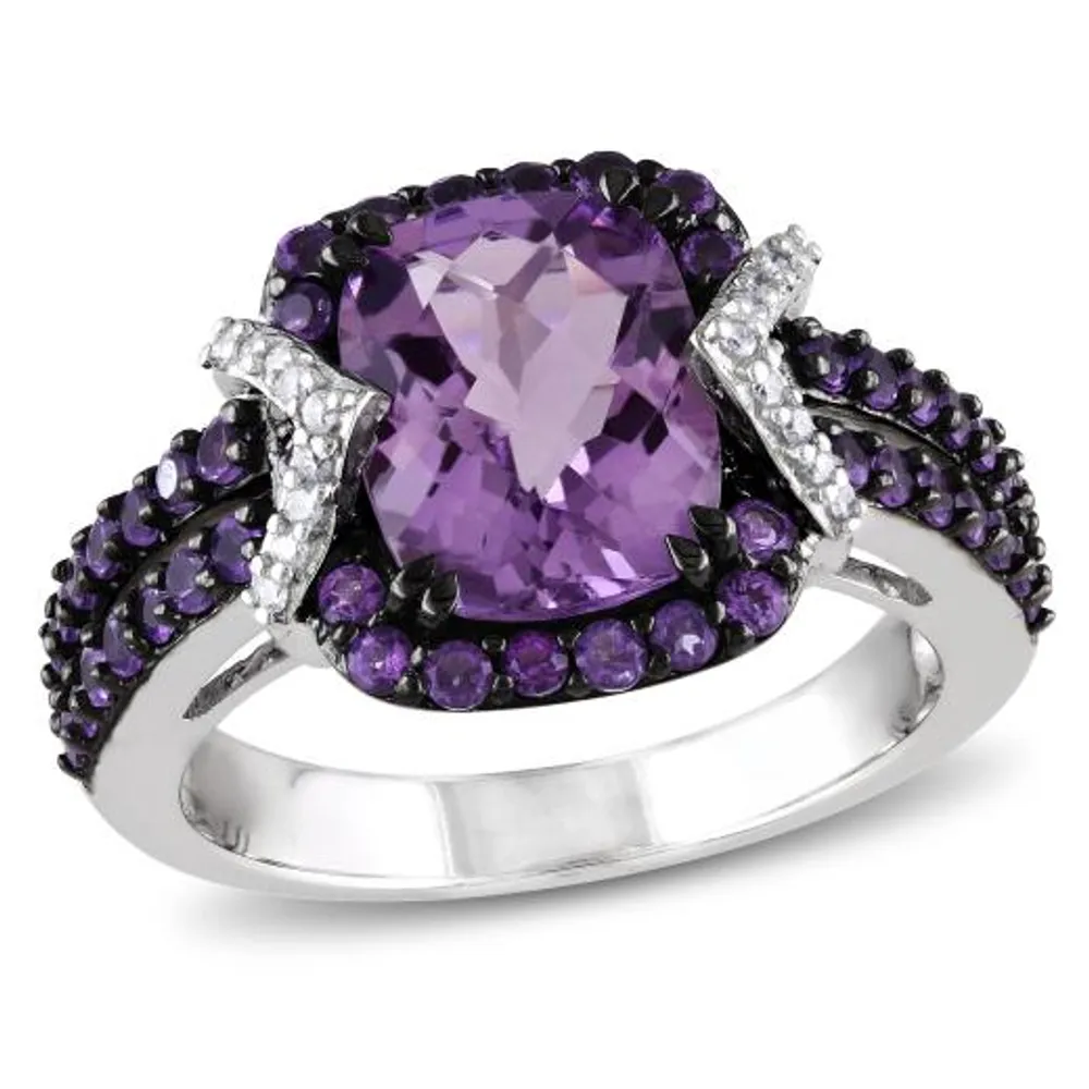 Julianna B Sterling Silver with Black Rhodium 0.10CTW Diamond & Amethyst Ring