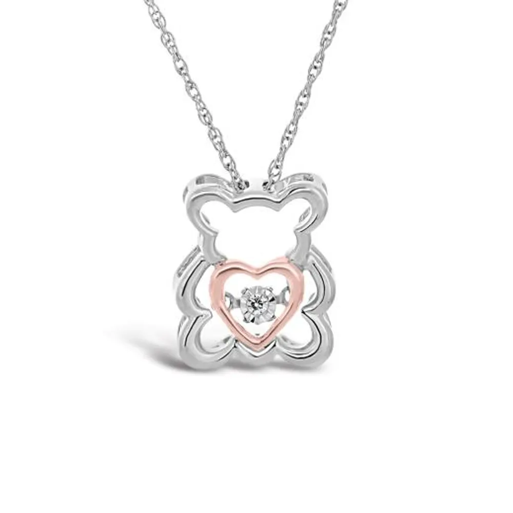 Sterling Silver 10K Rose Gold Dancing Diamond Teddy Bear Pendant