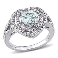 Julianna B 10K White Gold Aquamarine and Diamond Double Halo Heart Ring