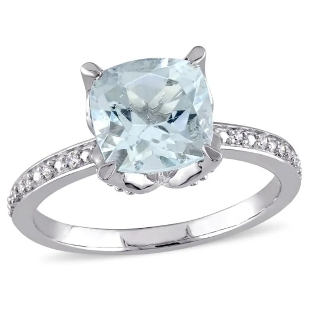 Julianna B 10K White Gold Cushion-Cut Aquamarine and Diamond Ring