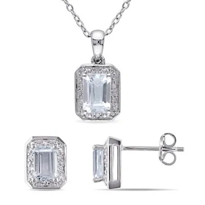 Julianna B Sterling Silver 0.12CTW Diamond & Aquamarine Earrings and Pendant