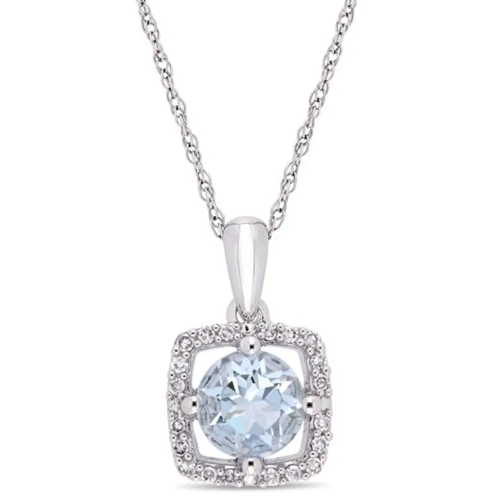 Julianna B 10K White Gold Aquamarine and Diamond Square Halo Pendant with Chain