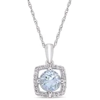 Julianna B 10K White Gold Aquamarine and Diamond Square Halo Pendant with Chain