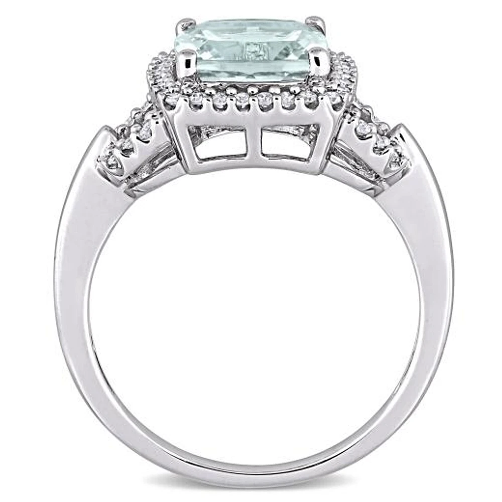 Julianna B 10K White Gold Cushion Aquamarine and 0.16CTW Diamond Halo Ring