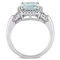 Julianna B 10K White Gold Cushion Aquamarine and 0.168CTW Diamond Halo Ring