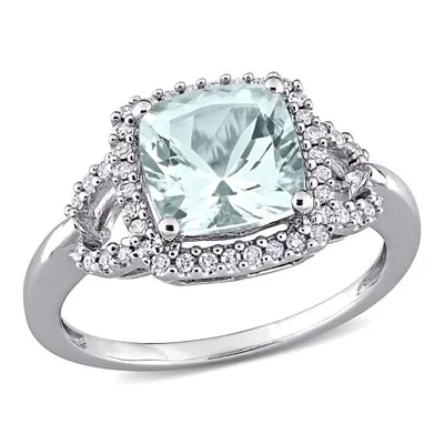 Julianna B 10K White Gold Cushion Aquamarine and 0.168CTW Diamond Halo Ring