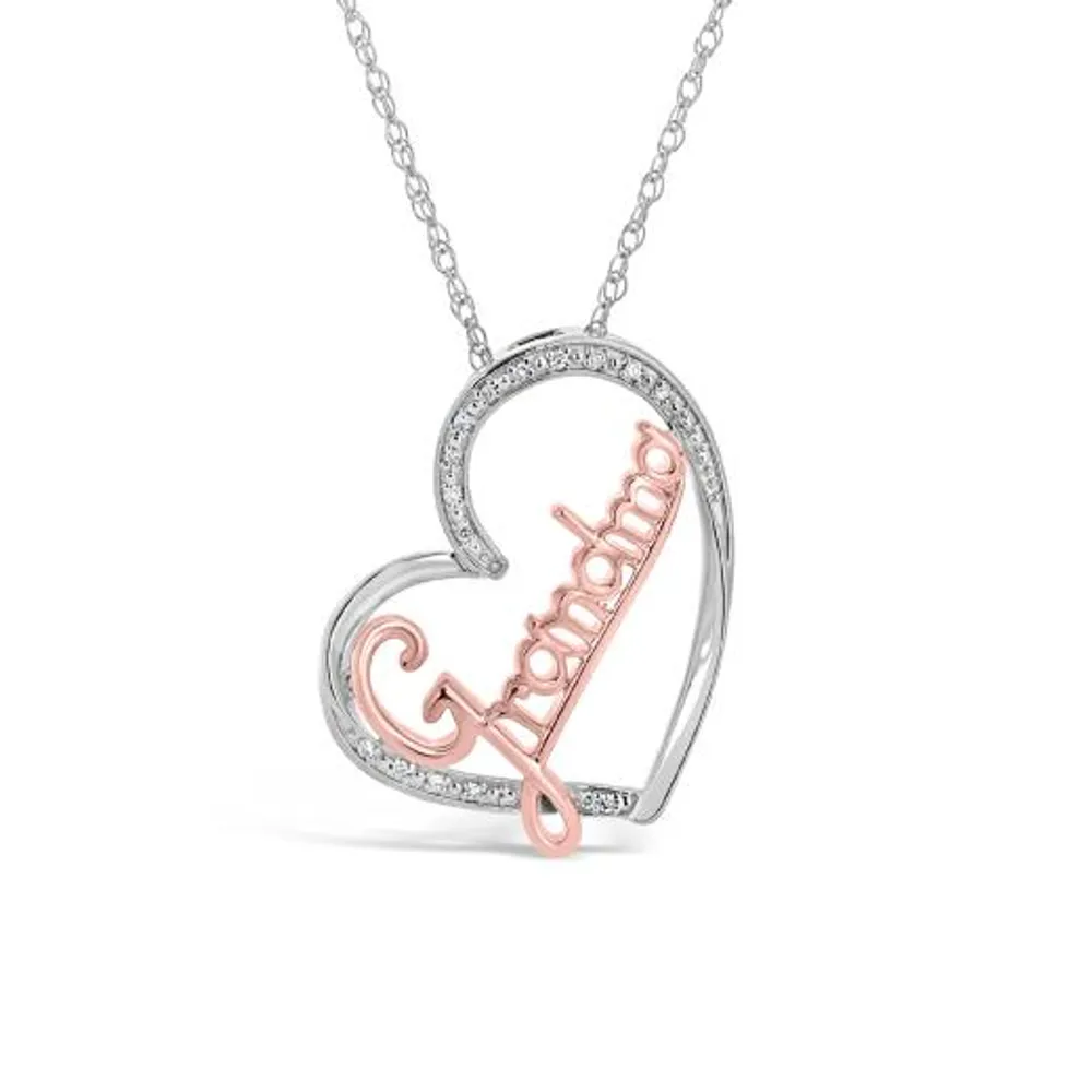 Sterling Silver 10K Rose Gold 0.05CTW Diamond Grandma Heart Pendant