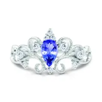 10K White Gold Tanzanite & Diamond Crown Ring