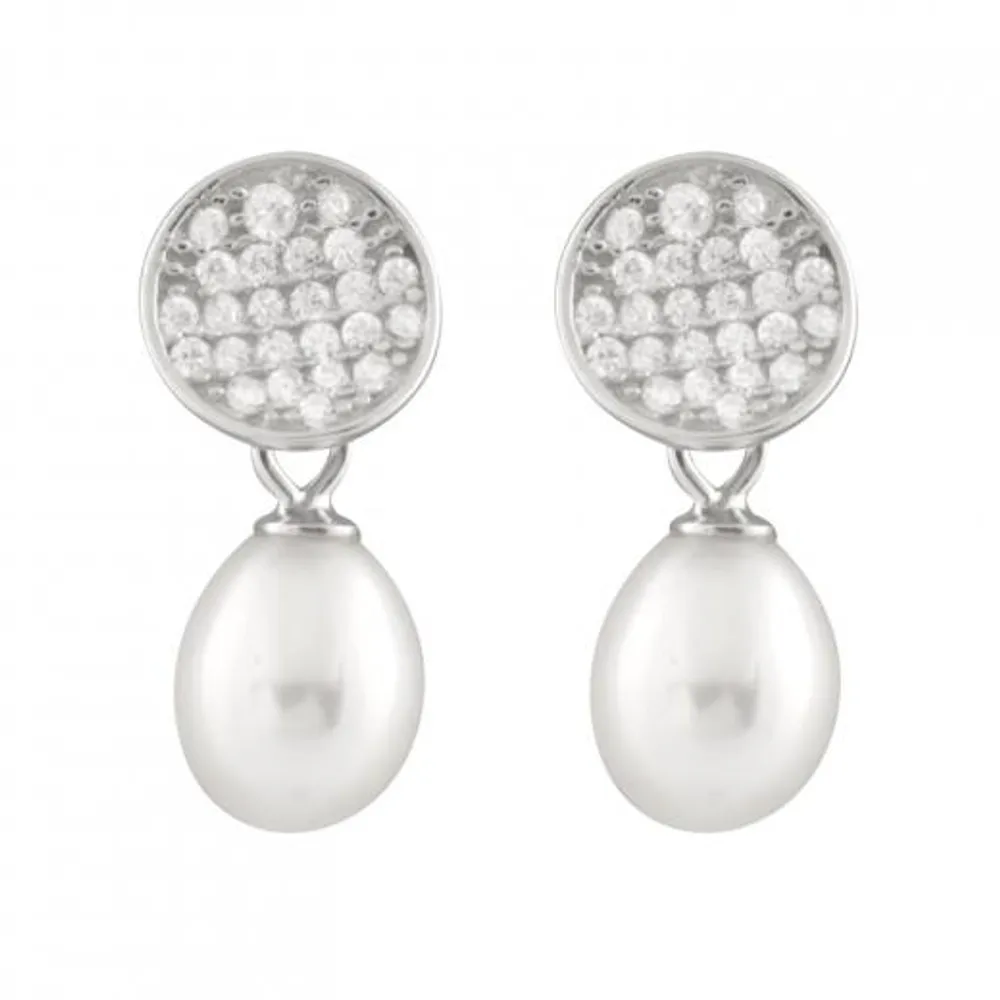 Sterling Silver -8mm White Freshwater Pearl Cubic Zirconia Earrings
