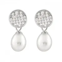 Sterling Silver -8mm White Freshwater Pearl Cubic Zirconia Earrings