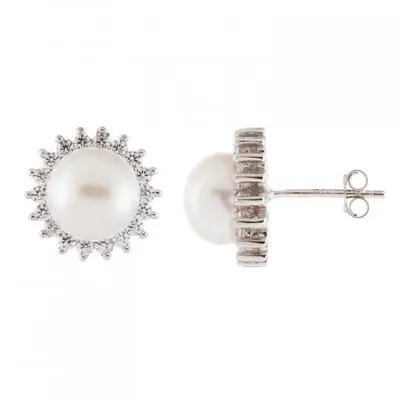 Sterling Silver 8.5-9mm Pearl & Cubic Zirconia Halo Earrings