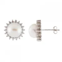 Sterling Silver 8.5-9mm Pearl & Cubic Zirconia Halo Earrings