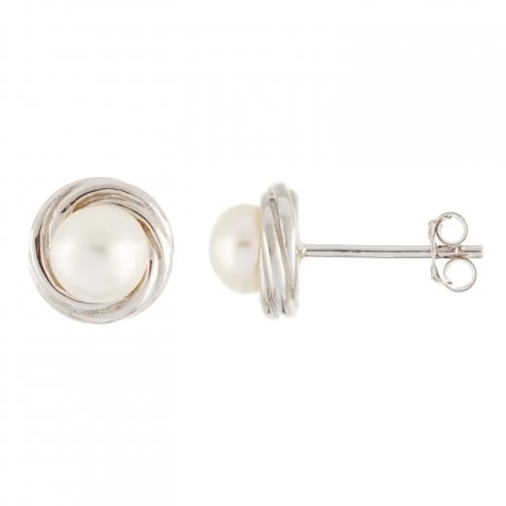 Sterling Silver 5-5.5mm White Loveknot Freshwater Pearl Earrings