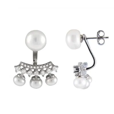 Sterling Silver 4.5-5mm White Freshwater Pearl Cubic Zirconia Ear Jackets
