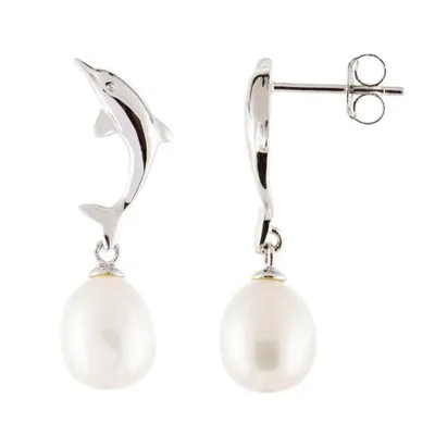 Sterling Silver 7.5-8mm Dolphin Shaped Pearl Earrings