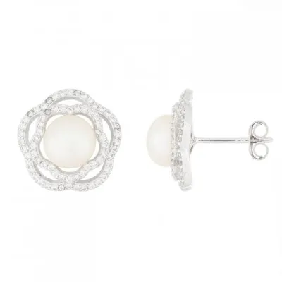 Sterling Silver 7-7.5mm White Freshwater Pearl Fancy Stud Earrings