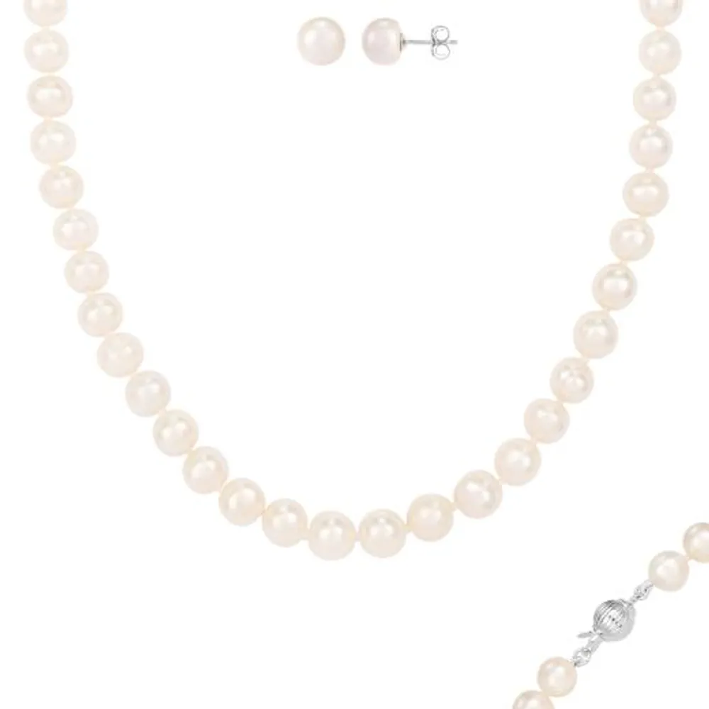 Sterling Silver 7-7.5mm Pearl Necklace and Matching Stud Earrings