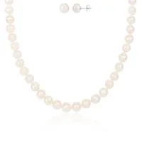 Sterling Silver 7-7.5mm Pearl Necklace and Matching Stud Earrings