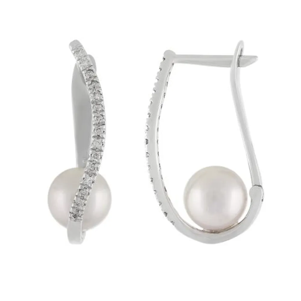 14K White Gold Dangling 7-7.5mm Akoya Pearl & Diamond Earrings