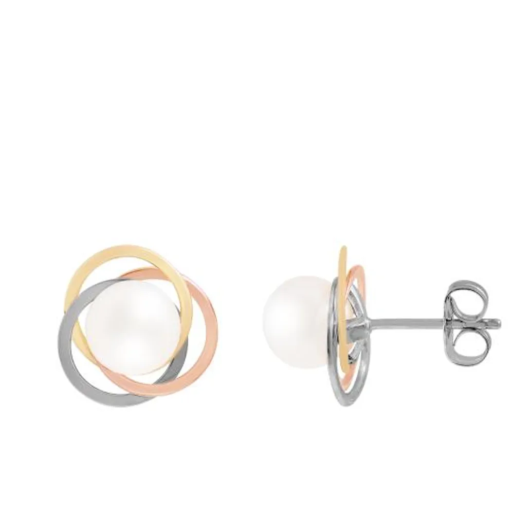 14K Tri-Colour Gold 6.5-7mm Pearl Loveknot Stud Earrings