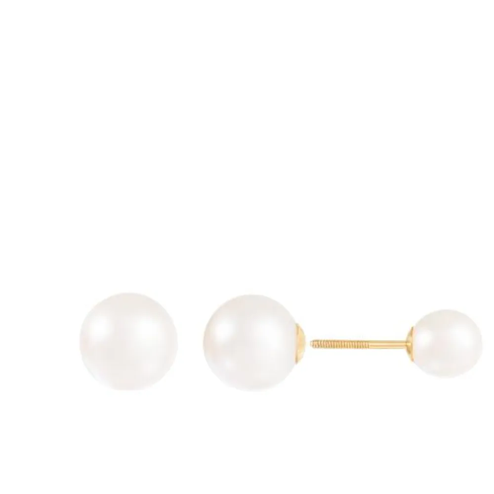 14K Yellow Gold Barbell 6-9.5mm Pearl Stud Earrings