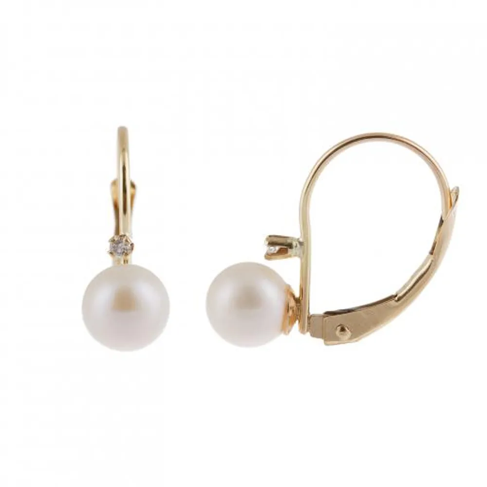 14K Yellow Gold 5-6mm Pearl & Diamond Accented Leverback Earrings