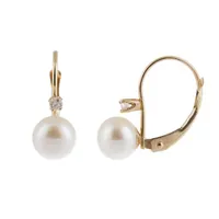 14K Yellow Gold 6-7mm Pearl & Diamond Accented Leverback Earrings