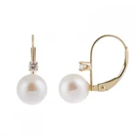 14K Yellow Gold Diamond Accented & 7-8mm Pearl Leverback Earrings