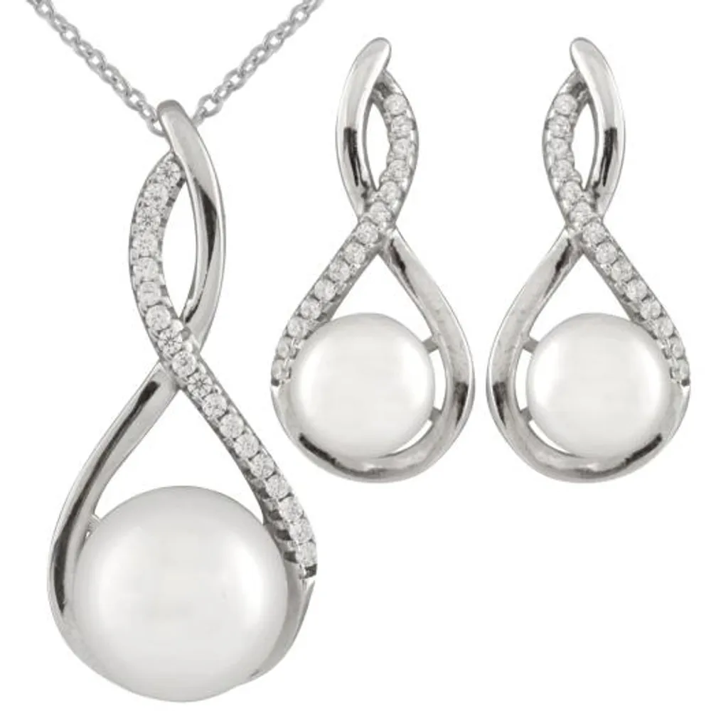 Sterling Silver 2 Piece 8-10mm White Freshwater Pearl Set