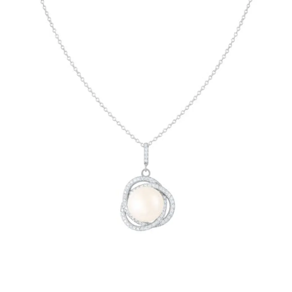 Sterling Silver 11-12mm Fancy Halo Pearl & Cubic Zirconia Pendant